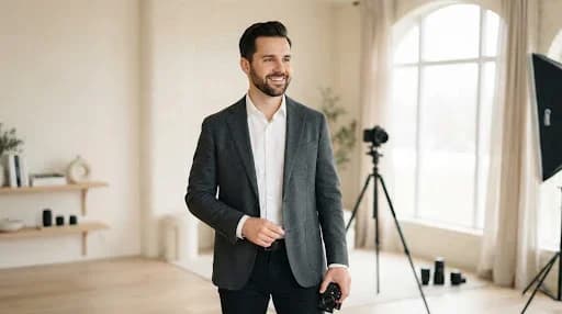 A professional and warm portrait of a male photographer in his late 30s, Alexander Noir, wearing a tailored charcoal blazer and a minimalist white shirt. He is standing in a brightly lit, minimalist studio with high-key lighting. The aesthetic is clean, luxurious, and editorial, reflecting a light-mode color palette with soft cream backgrounds and pristine whites. He has a kind, confident expression, looking slightly away from the camera.