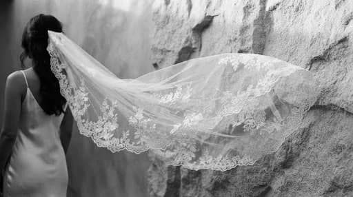 A high-fashion, editorial-style black and white photograph of a bridal veil caught in a gentle breeze against a minimalist stone wall. The lighting is dramatic and directional, casting soft shadows that highlight the intricate lace texture. The overall mood is quiet, luxury, and archival, fitting for a premium photography studio aesthetic.