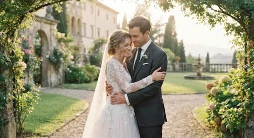 A cinematic, high-end wedding portrait of a couple embracing in a lush, sun-drenched European estate garden. The lighting is golden hour, soft and ethereal, casting long shadows across the manicured lawn. The bride wears a bespoke lace gown, and the groom is in a tailored charcoal suit. The image has an editorial, archival quality with subtle grain and a soft-focus background, emphasizing the emotional intimacy and timeless luxury of the moment.