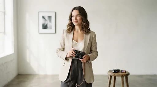 A refined, minimalist portrait of a professional photographer in a soft-lit, airy studio environment. The photographer is dressed in high-end, neutral-toned editorial clothing, holding a classic film camera with a leather strap. The background is a clean, off-white gallery wall with soft shadows. The overall aesthetic is sophisticated, professional, and artistic, reflecting an editorial luxury wedding photography brand's core identity.