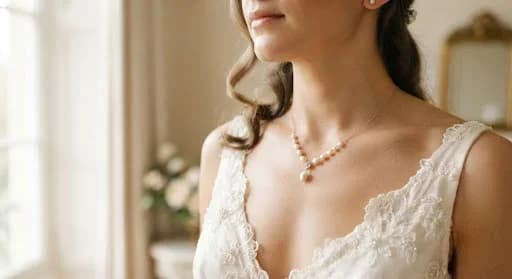 An intimate close-up shot focusing on the delicate details of a bride's jewelry and the fine texture of her silk dress. Soft, natural morning light pours in from a tall window, highlighting the iridescent shimmer of pearls and the intricate lace patterns. The color palette is composed of soft creams, whites, and pale golds, maintaining a clean, minimalist editorial style focused on quiet luxury.