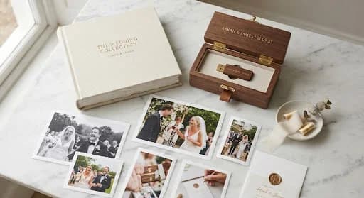 A top-down aesthetic shot of a luxury linen wedding album, a handcrafted wooden USB box with gold detailing, and several fine art prints spread out on a marble surface. The lighting is soft and natural from a side window, highlighting the rich textures of the materials. The color palette is composed of creamy whites, warm wood tones, and subtle charcoal accents, maintaining a high-end editorial feel.