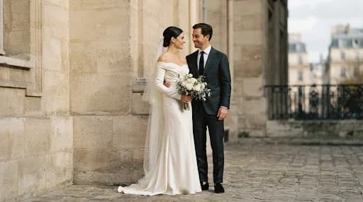 A cinematic, high-fashion wedding portrait of a bride and groom standing against a minimalist limestone wall in Paris. The lighting is soft and directional, creating elegant highlights and deep, velvety shadows that emphasize the texture of the silk gown. The overall aesthetic is editorial and timeless, captured with a fine-art film quality featuring a neutral color palette of creams, charcoal, and warm skin tones.