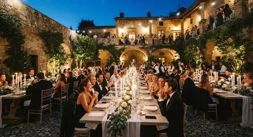 A wide-angle, atmospheric shot of a black-tie wedding reception in an old-world European courtyard at twilight. Tables are adorned with hundreds of flickering white taper candles in crystal holders and minimalist white linens. The lighting is warm and golden, contrasting with the deep blue of the dusk sky. The aesthetic is sophisticated, exclusive, and archival, capturing the elegant movement of guests in a fine-art documentary style.