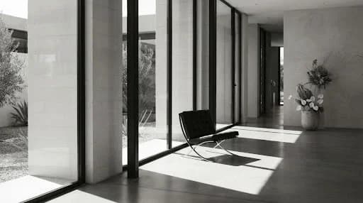 A minimalist architectural shot of a modern wedding venue featuring large glass panels and concrete surfaces. A single designer chair sits in a pool of sharp, high-contrast sunlight and deep shadows. The color palette is strictly monochromatic with charcoal and off-white tones. The mood is calm, artistic, and avant-garde, emphasizing the geometric beauty of the space in a high-end magazine editorial style.