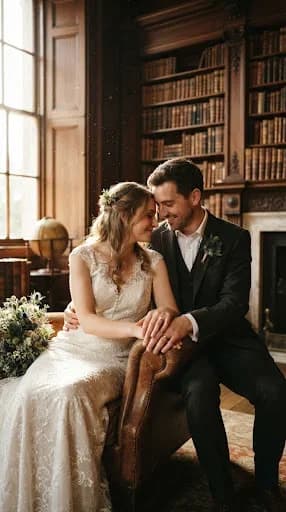 An intimate vertical portrait of a couple sharing a quiet moment in a sun-drenched library of a historic Edinburgh manor house. The warm light catches the dust motes in the air, creating a nostalgic and romantic atmosphere. The composition is asymmetrical, focusing on the couple's intertwined hands and the fine details of their wedding attire, set against a backdrop of antique leather-bound books and dark mahogany wood.