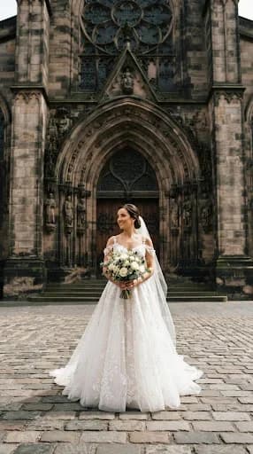 A vertical, editorial-style portrait of a bride standing in front of a massive, ornate stone doorway of an Edinburgh cathedral. The dark, weathered stone provides a stark contrast to her bright, flowing white gown. The lighting is dramatic and high-contrast, emphasizing the architectural details of the gothic arch and the delicate texture of the bridal fabrics.
