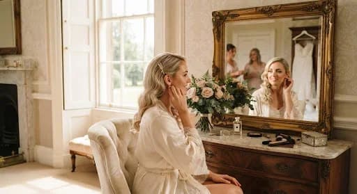 An intimate, indoor portrait of a bride getting ready in a sun-drenched room at Glenbervie House. She is looking in an ornate gold mirror, her reflection capturing a moment of quiet reflection. The room is filled with soft, directional light that highlights the fine details of her silk robe and the vintage decor. The aesthetic is warm, cream-toned, and profoundly elegant.