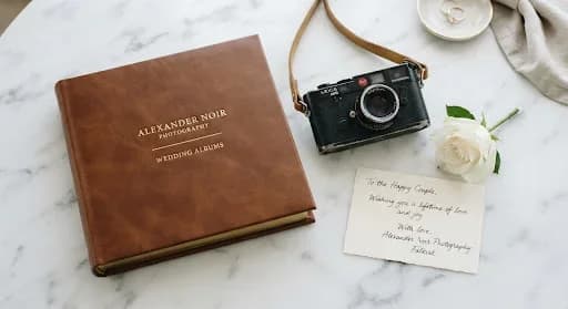 A minimalist overhead shot of a premium, leather-bound wedding album and a classic film camera on a white marble surface. Beside them is a single white rose and a handwritten note. The composition is clean and organized, representing the attention to detail and high-end service of Alexander Noir Photography. The lighting is bright and crisp.