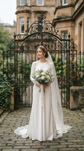 A vertical, high-fashion portrait of a bride standing in front of an ornate Victorian wrought-iron gate in Glasgow's West End. The soft, overcast Scottish light creates a gentle illumination on her silk gown. The surrounding architecture is slightly blurred, creating a beautiful depth of field that highlights the intricate details of the lace and the historic setting. Editorial and minimalist style.