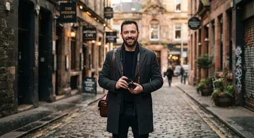 A portrait of the photographer, Alexander, a sophisticated man in his 30s wearing a tailored charcoal coat, standing in a Glasgow city center alleyway. He holds a vintage-style Leica camera. The background shows the blurred architecture of the city. The image is warm, professional, and artistic, reinforcing the premium, personal nature of the service.