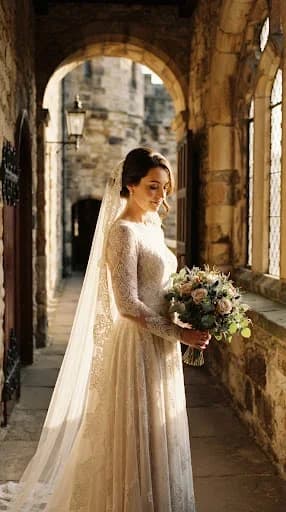 An intimate vertical portrait of a bride standing in a sun-drenched corridor of Stirling Castle. The golden hour light creates long shadows and highlights the intricate lace patterns of her veil. The mood is quiet and reverent, focusing on the bride's serene expression. The color palette is warm, featuring rich ochre, cream, and deep mahogany tones typical of an Alexander Noir editorial shot.