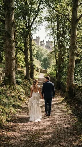 A vertical editorial photograph of a couple walking along a path lined with ancient trees on Stirling's Back Walk. The path is dappled with sunlight filtering through the leaves. The couple is seen from behind, creating a sense of journey and intimacy. The photography is sharp and detailed, with a refined color palette that emphasizes the natural greens and earthy browns of the Scottish woodland.