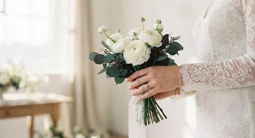 An artistic close-up of a bride's hands holding a delicate, minimalist bouquet of white ranunculus and dark eucalyptus leaves. The setting is a bright, sun-drenched studio with soft, ethereal light-mode lighting. The composition is clean and focused, highlighting the intricate lace details of the wedding dress cuff against the organic textures of the flowers, evoking a mood of serene anticipation.