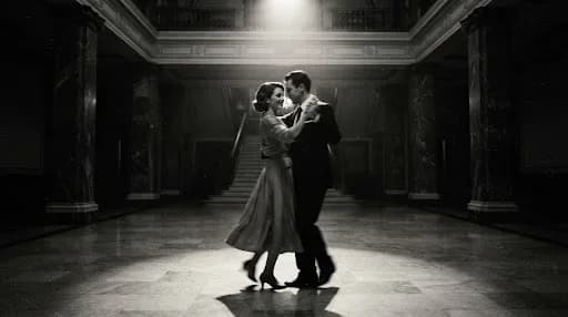 A romantic, grainy black and white photograph of a couple dancing in an empty marble ballroom. Their figures are slightly blurred to suggest movement and emotion. The lighting is low and moody, with a spotlight effect on their embrace. The style is classic archival photography, reminiscent of 1950s French cinema, emphasizing raw emotion and timeless elegance over technical perfection.